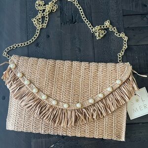 Elegant Straw Fringe Clutch with Chain Strap